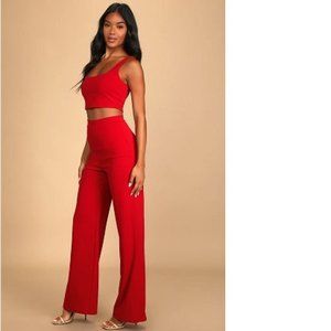 Lulus Only Tonight Red Two-Piece Wide-Leg Jumpsuit